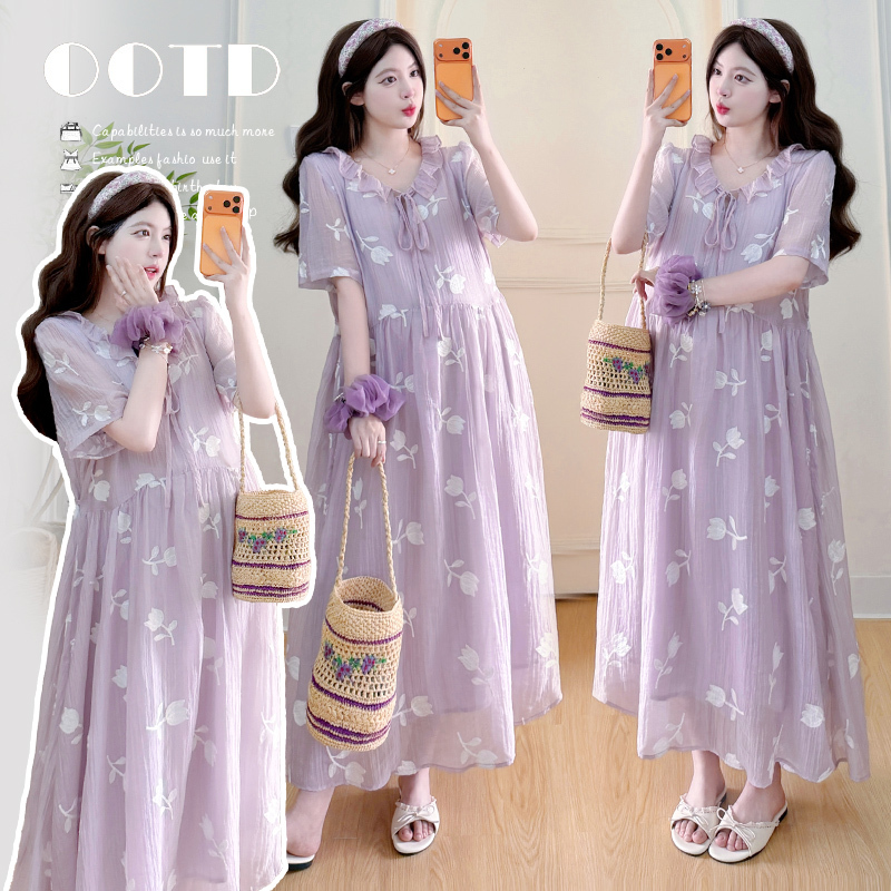 2026 New Summer Fashion Plus-Size Maternity Wear, Sweet and Loose-Fitting Over-The-Knee Slimming Dress, Elegant Embroidered Ladylike Long Dress