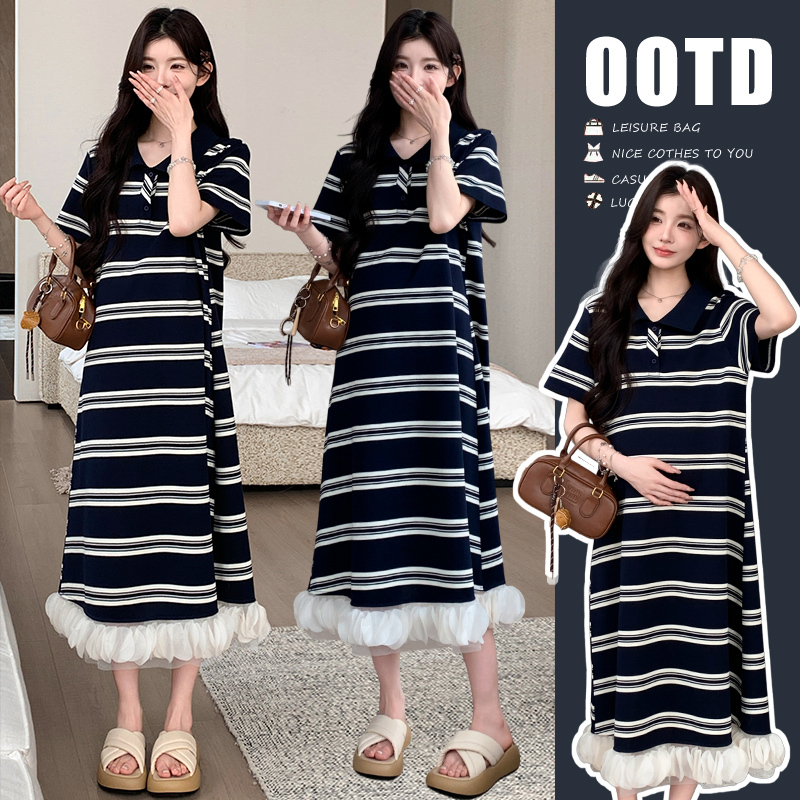 2026 Summer New Plus-Size Maternity Wear Loose Long Striped Dress Polo Petal Dress Short-Sleeved T-Shirt Dress