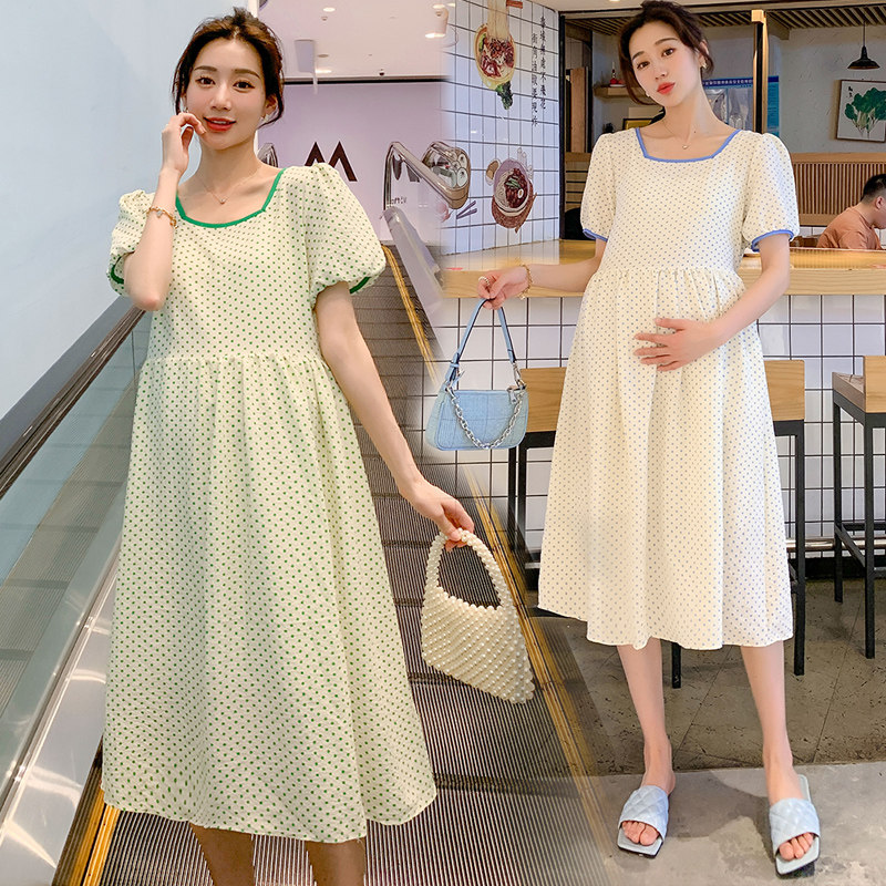 Pregnancy Woman Dress Spring Dress New Korean Version Middle Long Version Short Sleeve Polo Dot Ocean Dress Field Wind Farm Little Fresher Summer Skirt Tide