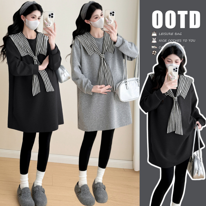 2026 Spring and Autumn New Korean Style Plus Size Maternity Dress, Extra Large Mid-Length Dress, Autumn Shawl Casual Sweatshirt