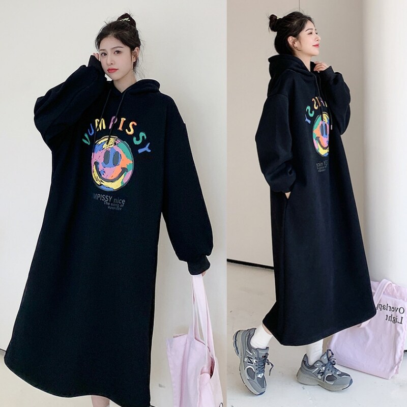Autumn Winter Dress New Korean Version of Pregnancy Maternity Dress Loose with long dress Damp Mother Thickened with a Knee-long Skirt-Taobao