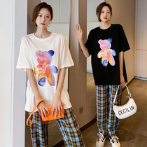 Spring and summer clothes new Korean version Pregnancy Maternity Dress Loose cartoon T-shirt Net Red Suit Casual two sets of plaid pants