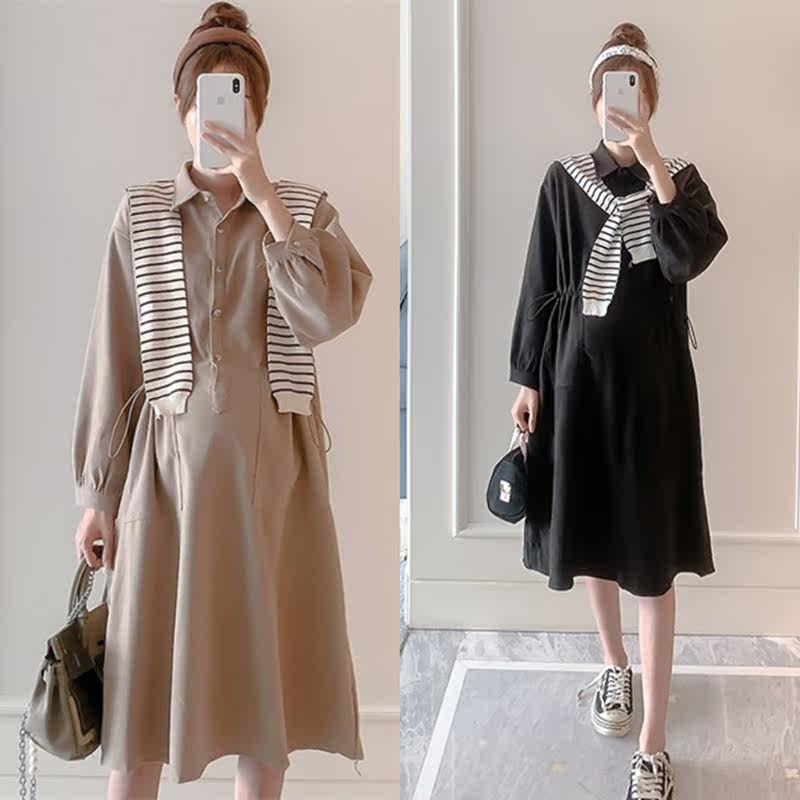 Spring dress new Korean version of the Korean version of the maternity dress with a long version of the Beatles Dress Polo Shirt Skirt Tide Moms Suit Flipped blouses