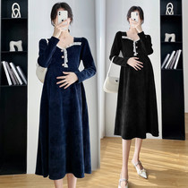 Pregnancy Woman Dress Spring Clothing in Korean version Long style Temperament Dress Spring Big Code Loose slim High waist Long sleeves Long sleeves Long dress