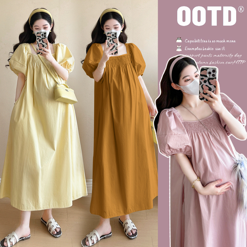 2026 Summer New Plus-Size Maternity Dress, Loose Long Dress, Elegant Candy-Colored Puff Sleeve Maternity Long Dress