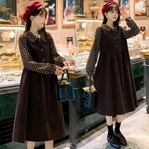 New Big Code Pregnant Woman Spring Clothing Fashion Dolls Collar Weight Reduction Age Fake Two Dress Collar Lamp Core Suede Fluffy Skirt