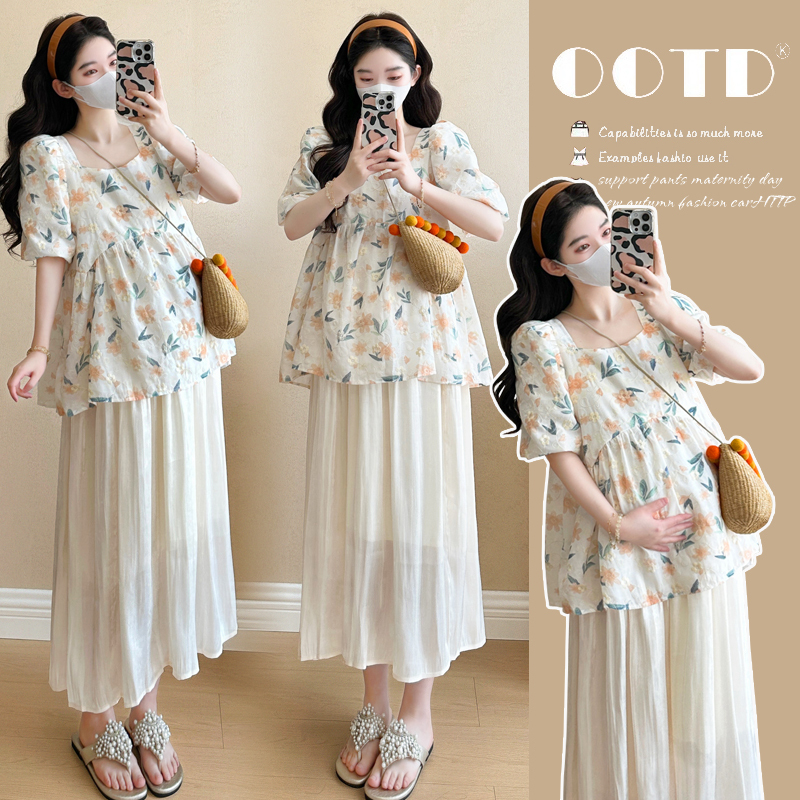 2026 New Summer Maternity Floral Embroidered Babydoll Shirt Two-Piece Set Sweet Loose Top Age-Reducing Half-Body Suit