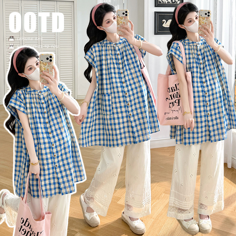 2026 Summer New Maternity Sweet Shirt Cotton Linen Heart Plaid Loose Shirt + Cotton Linen Wide Leg Pants Set