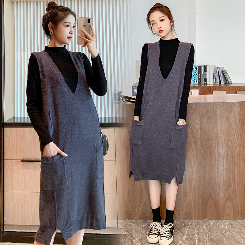 Autumn new large size maternity dress two-piece dress foreign style knitted waistcoat tide mom suit fashion baby bag skirt