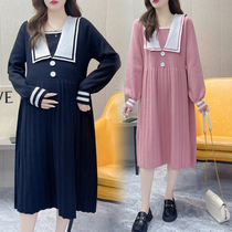 Autumn Winter Dress New Korean Version Gestational Woman Dress With Slim Fit Dress Winter Hit College Wind-Knit Cardiovert Sweater Skirt Tide