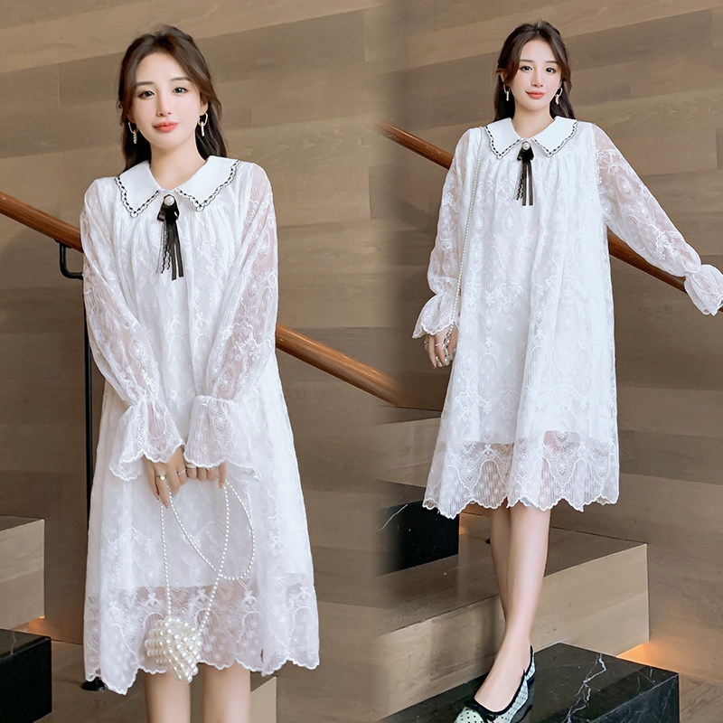 Pregnancy Woman Dress Spring Dress New Korean Version Of The Long Version Dolls Collar Foreign Dress Lace Loose and Slim Sweet A Word Skirt Tide