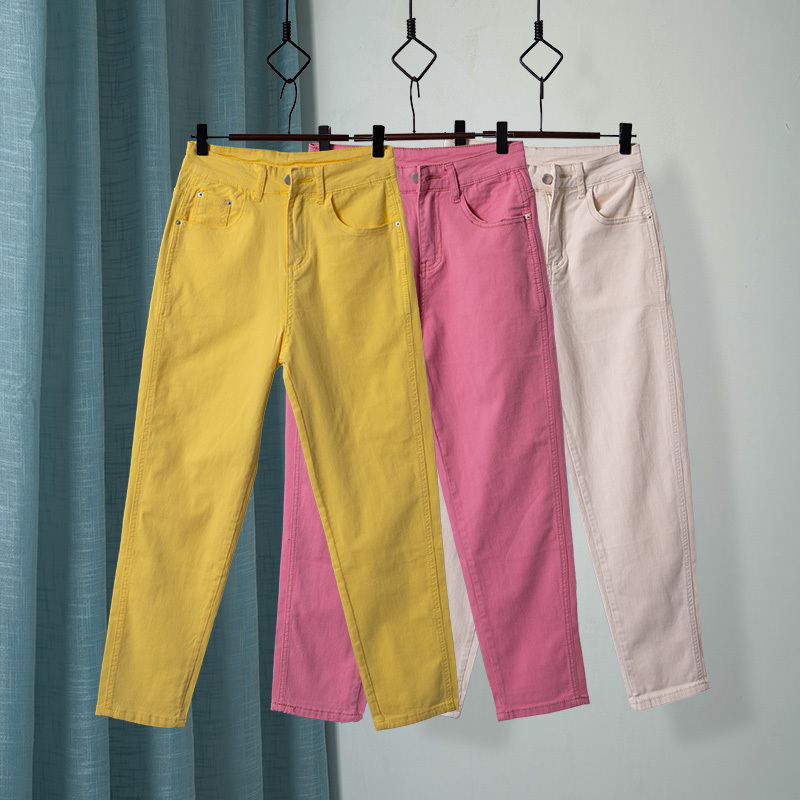 Colorful Casual Pants for Women, Summer Comfortable and Breathable Pink Pearl Cotton Jeans, Loose Slimming Harem Pants