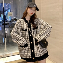 Sandro asw small fragrance retro plaid knitted cardigan jacket female Korean version loose temperament goddess fan sweater