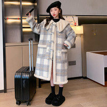 Girls woolen coat 2023 new big childrens autumn and winter plaid cashmere coat childrens clothing long woolen windbreaker