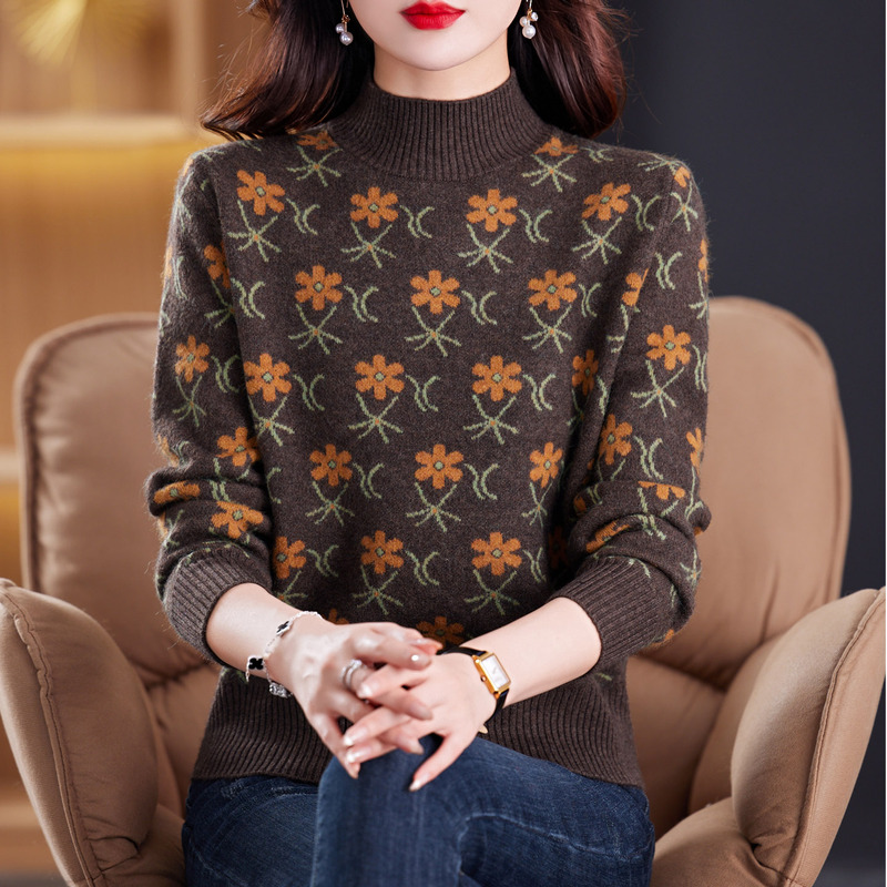 Jacquard Half-Turtleneck Knitted Cashmere Sweater for Women 2025 Autumn and Winter New Style Loose and Fashionable Thickened Base Shirt Top