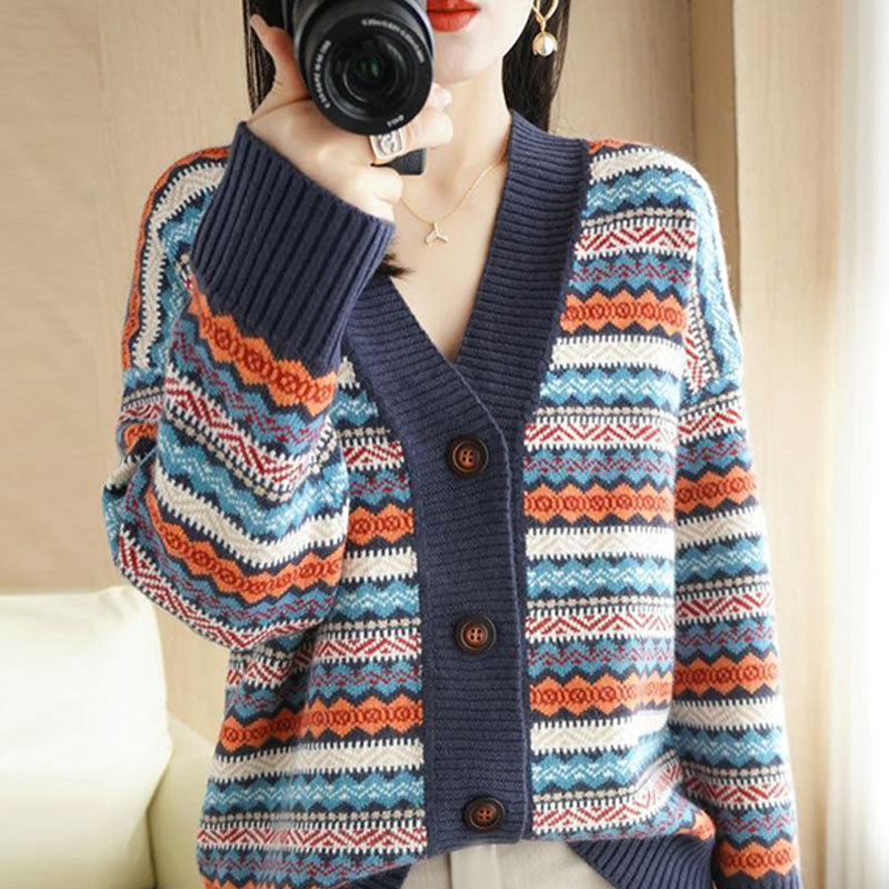 Korean Style Loose Large Size Thickened Cashmere Cardigan for Women 2025 Autumn and Winter New Lazy Style Striped Wool Sweater Coat