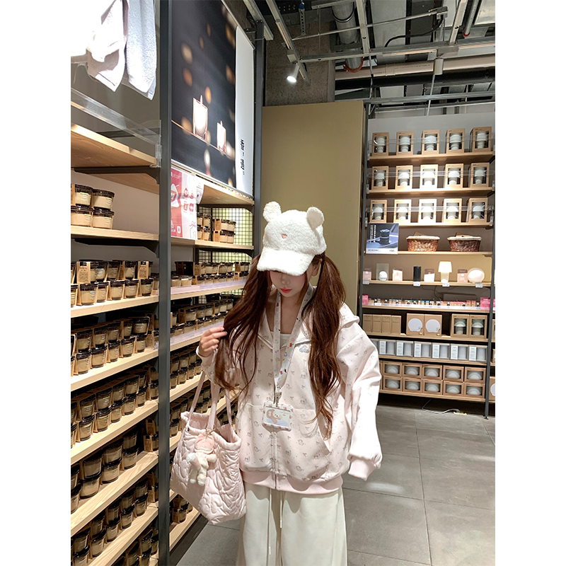 「Little Bird LAOSHU」 "Sparkling Diamond Cat" Early Autumn Vibe Cat Print Zip-Up Pullover Sweatshirt~ 「Little Bird LAOSHU」 "Sparkling Diamond Cat" Early Autumn Vibe Cat Print Zip-Up Pullover Sweatshirt~