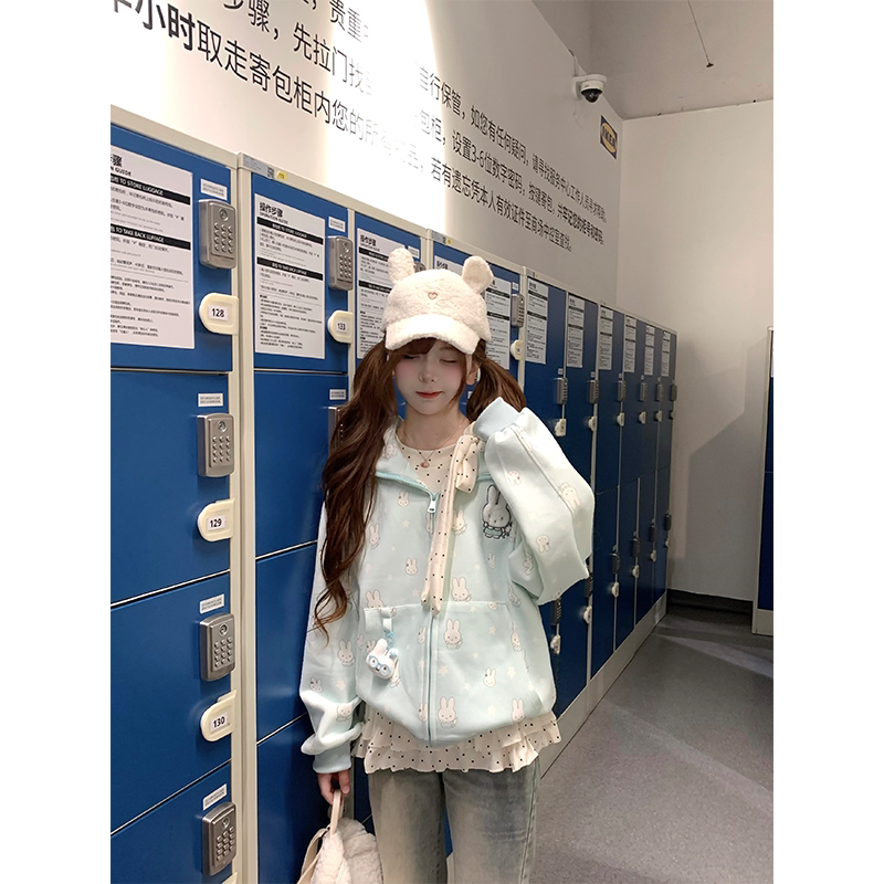 「Little Bird Original」 "Mint Bunny" High Weight Original Bunny Star Print Hooded Zipper Sweatshirt~