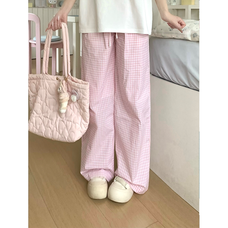Little Bird LAOSHU “Pure Cotton Pink Plaid” Summer Girly Light Pink Plaid Pants ~ Breathable Pants for Walking ~