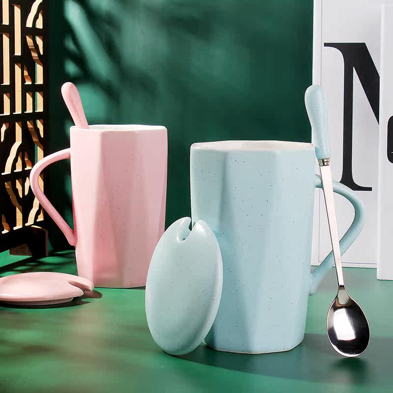 Mug with lid spoon heat-resistant ceramic geometric cup coffee cup large-capacity cup office drinking cup couple cup