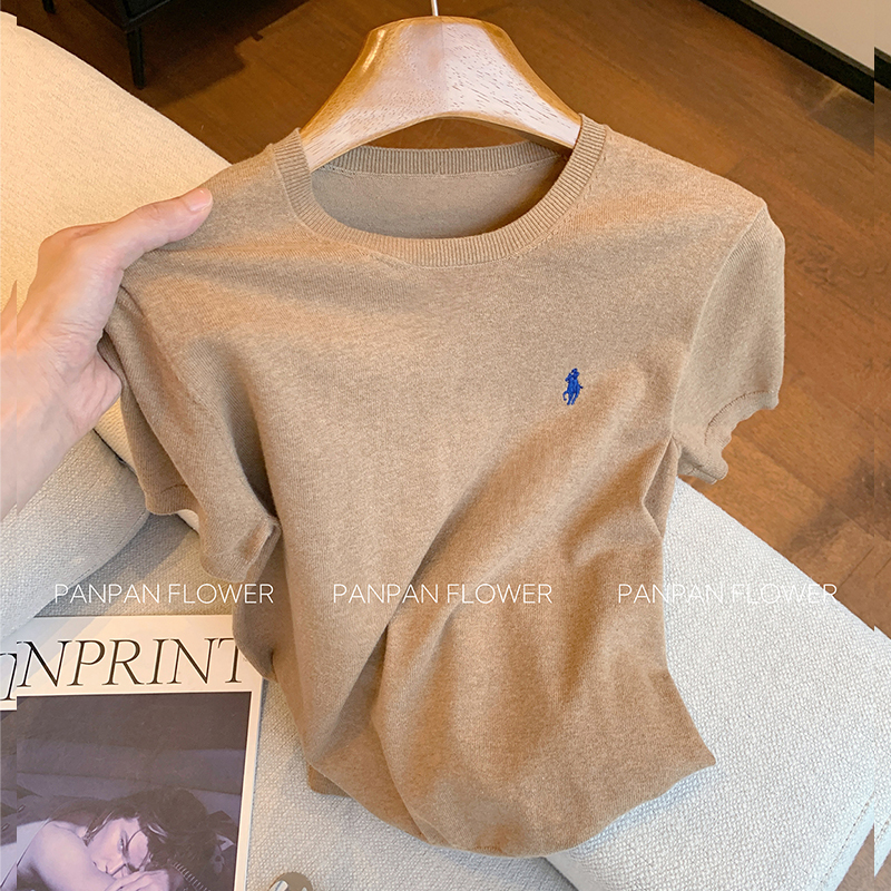 Camel-Colored Old Money Style Pony Embroidery Round Neck Short-Sleeved Knit Top for Women, Autumn 2026 New Versatile Slimming Sweater