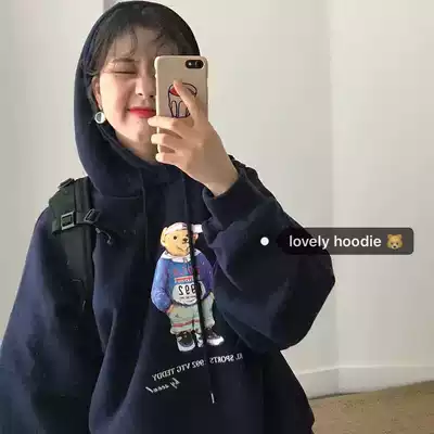 Ghost Horse Girl School season Korean chic retro College wind age age age playful bear print loose hooded sweatshirt