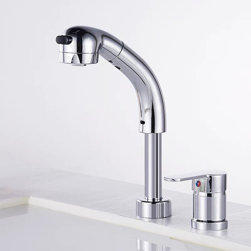All-Copper Dual-Hole Hot and Cold Faucet, Split Pull-Out Type for Shampoo Bed, Basin Faucet with Adjustable Height
