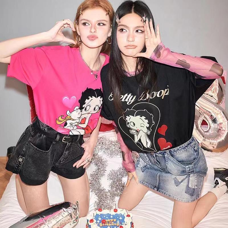 【Betty Collaboration】Fairy Print Round Neck Short Sleeve T-Shirt for Women 2026 Summer New Style Lazy Loose Top Trendy