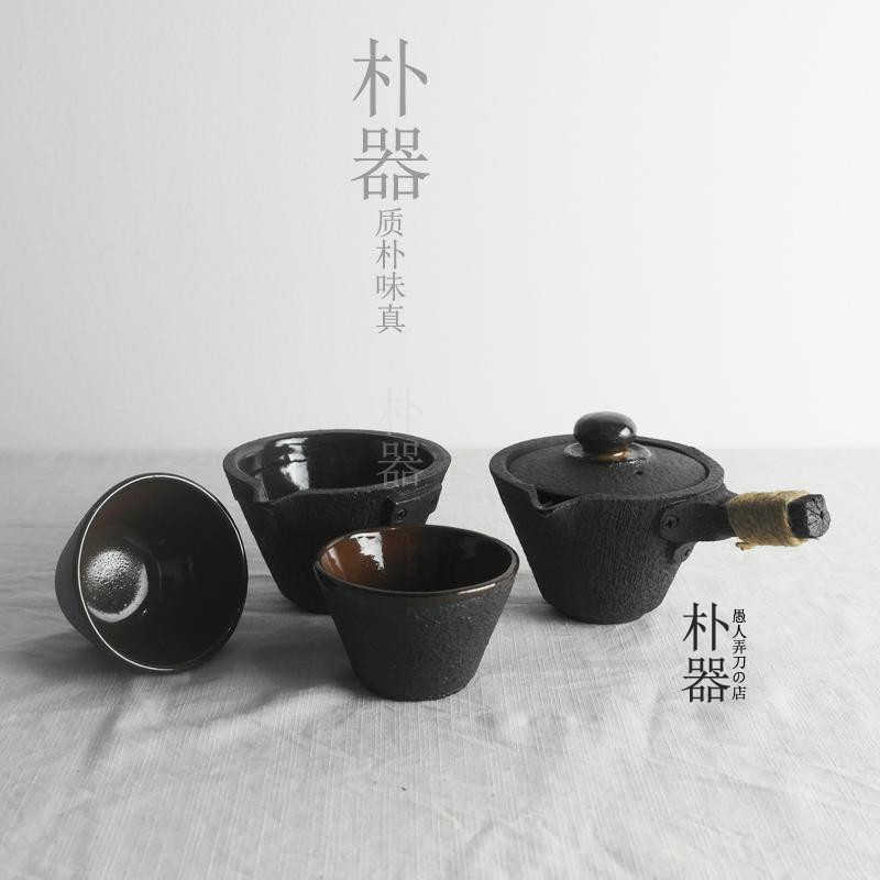朴器粗陶功夫茶具茶杯手抓壶盖碗茶碗随手泡木纹有柄盖碗