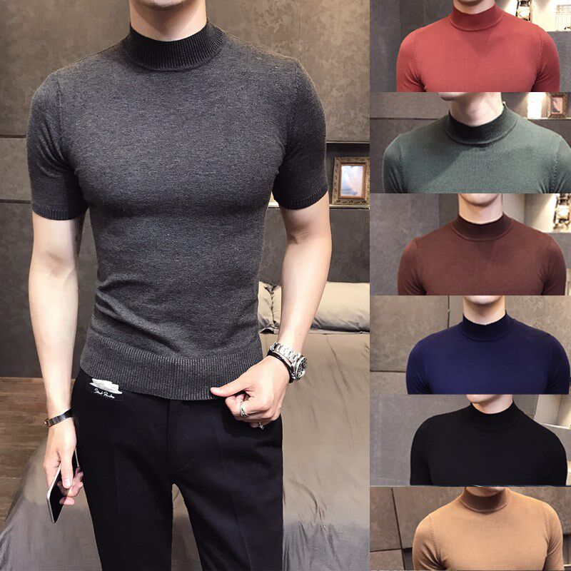 Semi-high collar sweater men's spring autumn winter new pure color knit undershirt tight fit short sleeve T-shirt men's sweatshirt