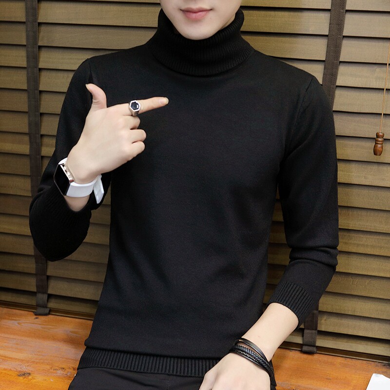 Spring and autumn and winter turtleneck sweater men's thick Korean version slim black knit plus fleece thick base men's woolen sweater