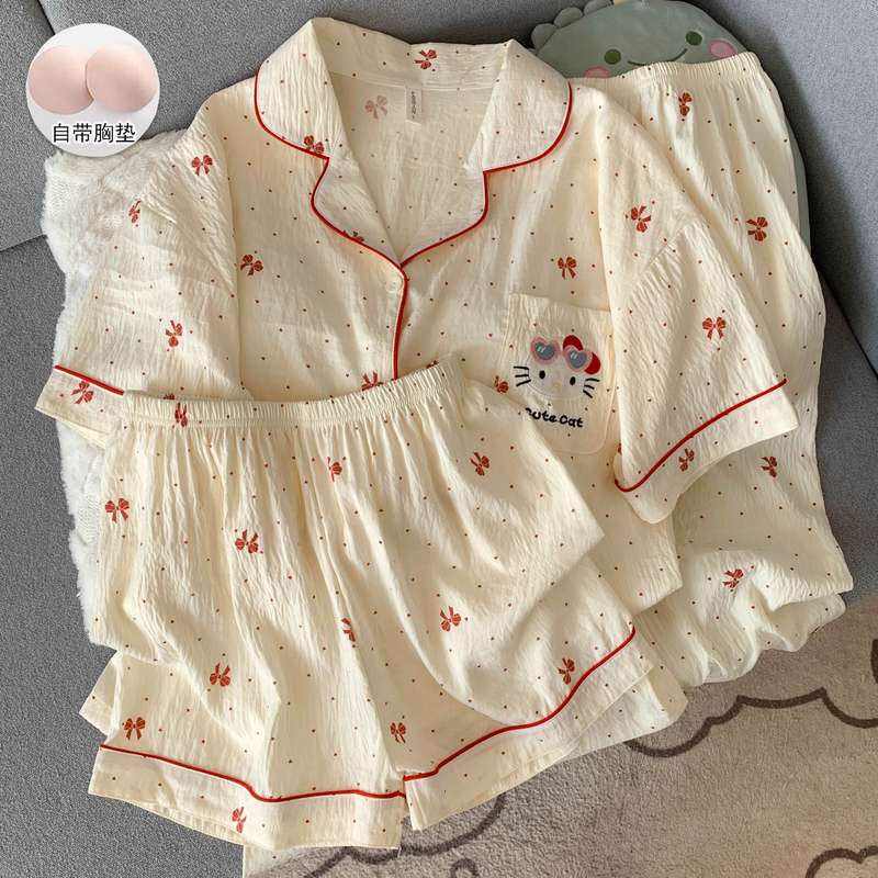 Pajamas for Women Spring and Summer 2026 New Short-Sleeved Long Pants Three-Piece Set with Chest Pad Thin Cloud Cotton Cute Home Wear