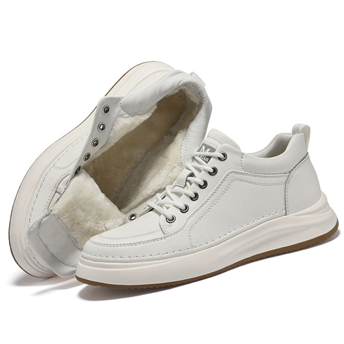 Кожаная обувь, белые высокие универсальные утепленные кроссовки, воловья кожа, из натуральной кожи