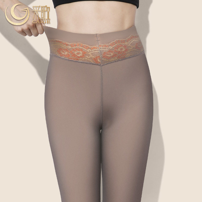 Stewardess gray inner pants female spring and autumn thin outer wear high waist fake meat warm cotton pants gray transparent plus velvet trousers