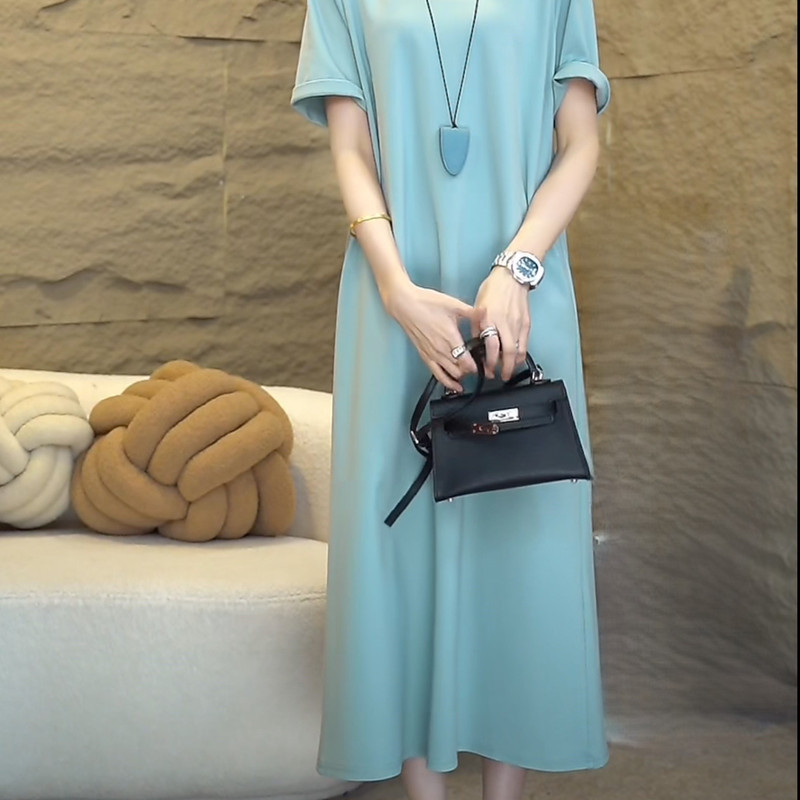 2026 Summer New Loose Fit Short Sleeve Light Luxury Amber Blue Straight Dress Slimming and Flattering Style Heavyweight