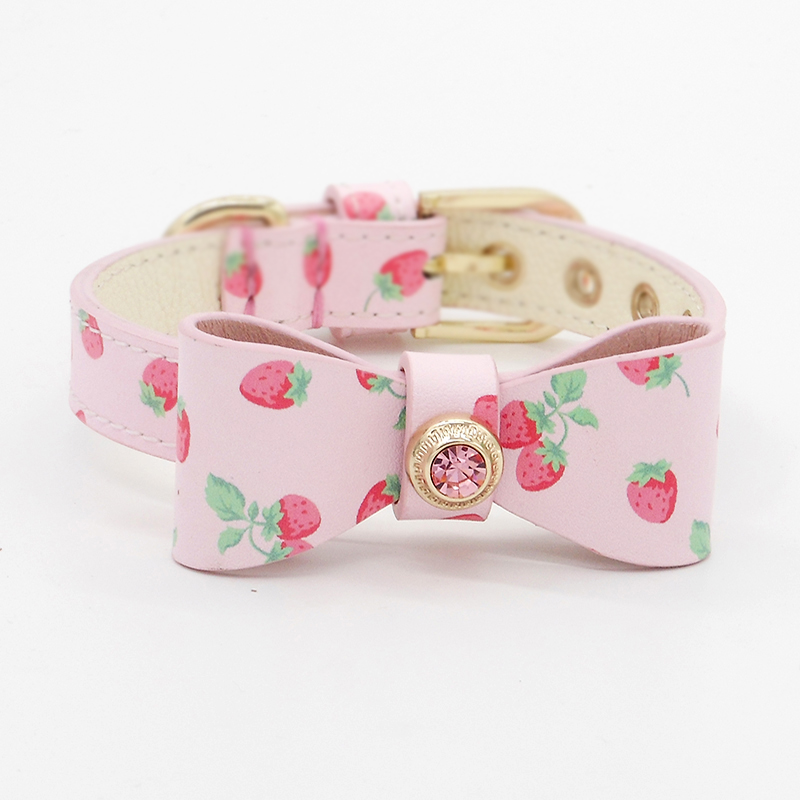 Strawberry Pattern Big Bow Archie Leather Pet Collar Teddy VIP Schnauzer Without Traction