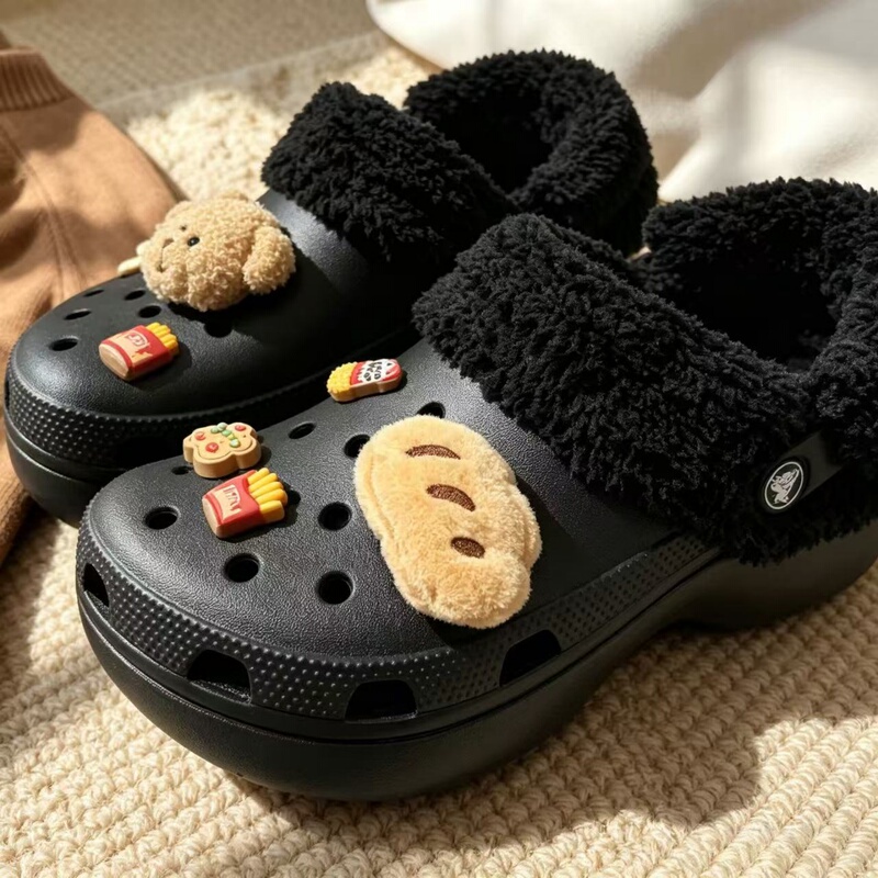 Black Crocs Shoes with Removable Plush Lining and Cotton Inserts for Warmth, Suitable for Autumn and Winter, Compatible with Crocs