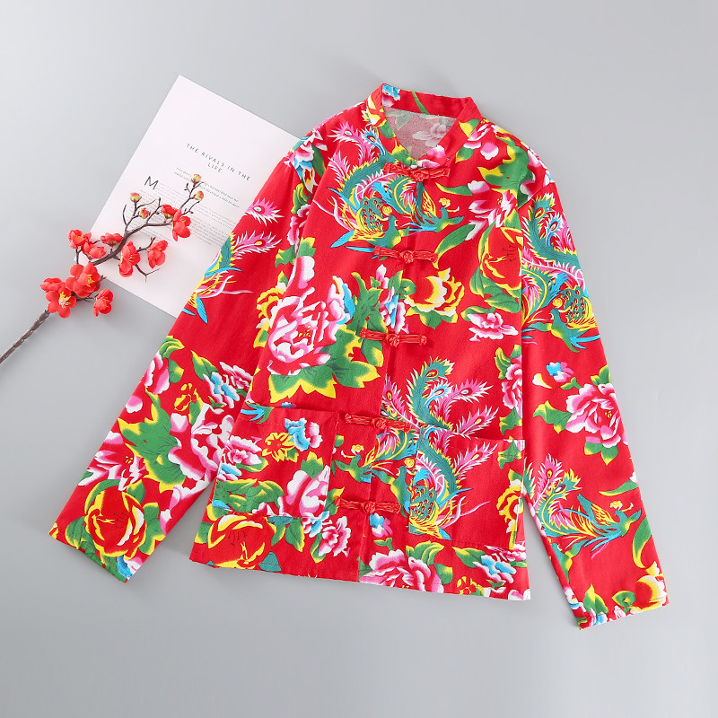 Northeast Grand Flower Bouquet Pure Cotton Spring Autumn Summer Men's Clothing Jacket Long Sleeves Don Dress Blouse Festival National Wind Clothing