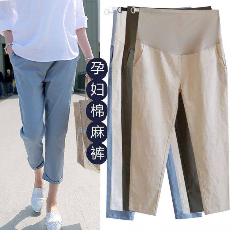 Pregnant women's wide-leg pants spring and summer thin section outer wear cotton and linen straight-leg pants summer clothes tide mom nine points casual pants fashion