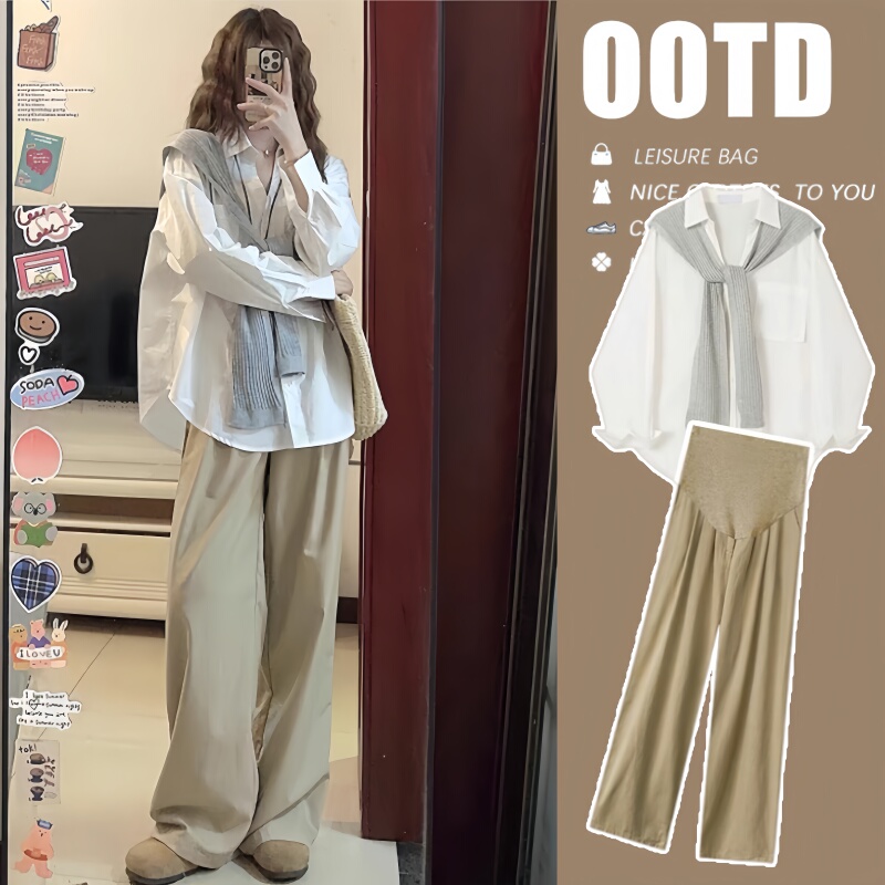 Korean Fashion Maternity Wear Autumn Set Loose Shirt Top Shawl Pants Three-Piece Set Complete Maternity Outfit