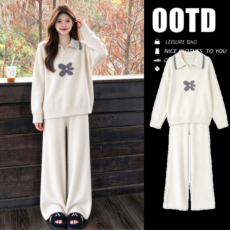 Trendy Maternity Suit for Autumn and Winter, Korean-Style Lapel Knit Sweater and Wide-Leg Pants Two-Piece Set, Suitable for Commuting during Pregnancy in Winter Trendy Maternity Suit for Autumn and Winter, Korean-Style Lapel Knit Sweater and Wide-Leg Pants Two-Piece Set, Suitable for Commuting during Pregnancy in Winter
