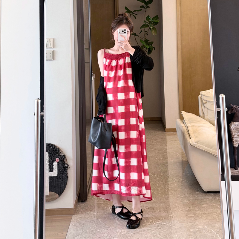 Stylish Maternity Wear That Doesn'T Show Pregnancy, Summer French Retro Red Plaid Striped Dress and Cardigan Two-Piece Set for Pregnant Women Stylish Maternity Wear That Doesn'T Show Pregnancy, Summer French Retro Red Plaid Striped Dress and Cardigan Two-Piece Set for Pregnant Women