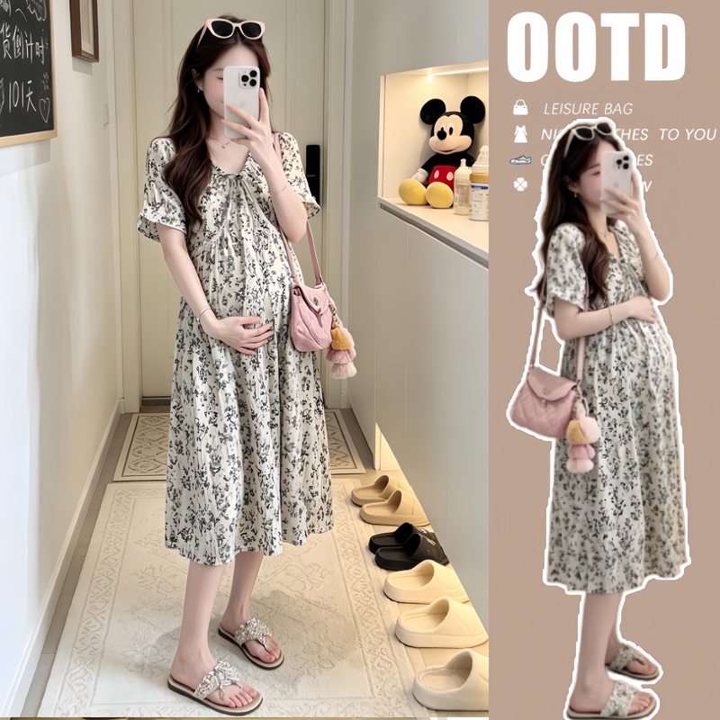 Maternity Dress, Summer Fashion, Loose and Not Revealing Pregnancy, Stylish Maternity Wear, V-Neck, Puff Sleeves, Gentle Style, Mid-Length Skirt