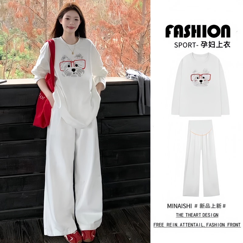 Maternity Tops, Autumn Cotton Long-Sleeve T-Shirts + Wide-Leg Pants Set, Stylish and Fashionable Pregnancy Outfits for Trendy Moms