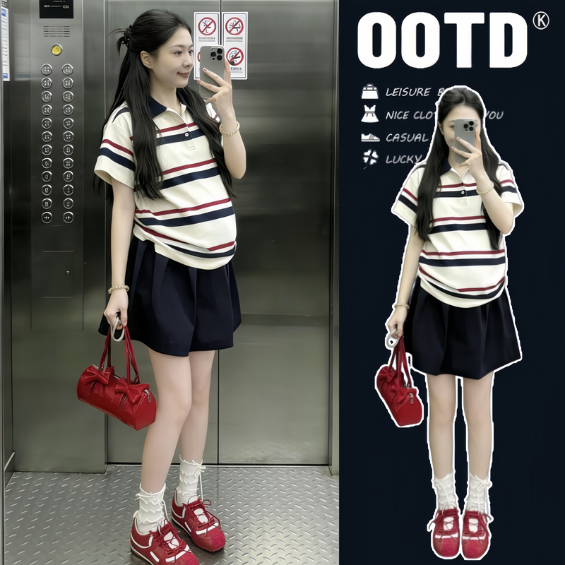 Korean Style Maternity Suit Summer Korean Version Polo Collar Striped Top + Belly Support Pants Skirt Two-Piece Maternity Outfit Korean Style Maternity Suit Summer Korean Version Polo Collar Striped Top + Belly Support Pants Skirt Two-Piece Maternity Outfit