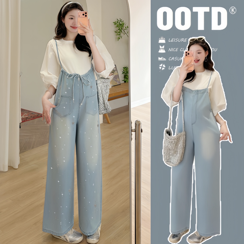 2026 New Stylish and Youthful Maternity Wear Summer Rhinestone Denim Overalls + Top Maternity Set