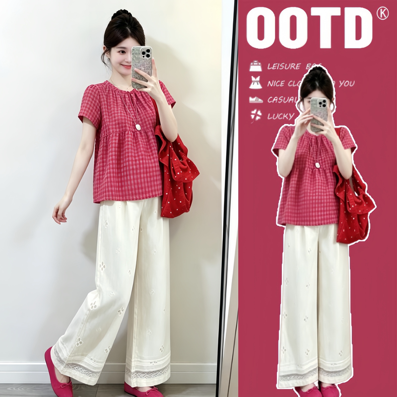 Maternity Summer Outfit 2026 New Korean Style Loose Raspberry Red Maternity Top and Hollow-Out Wide-Leg Pants Two-Piece Set