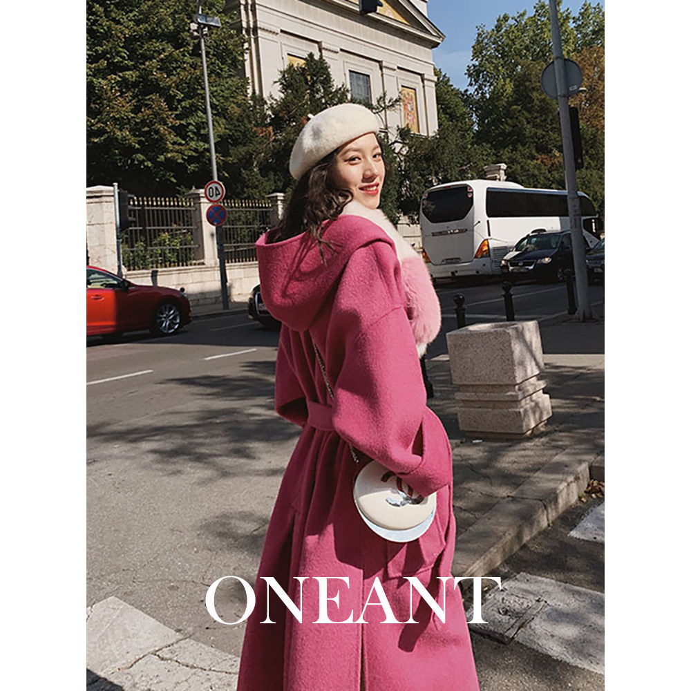 Double face cashmere big coat woman 2021 autumn winter new lacing even hat fur coat over knee Korean version for long version