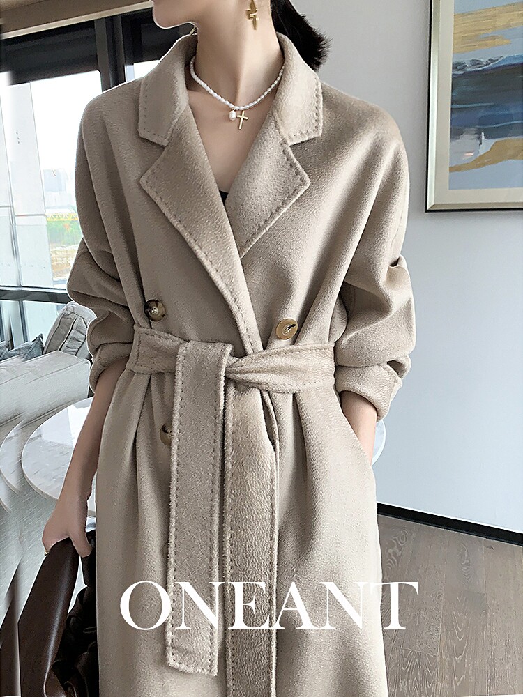 2021 new water corrugated mountain cashmere big coat female bifacial high-end lacing buffalo horn buckle with long version oat color jacket