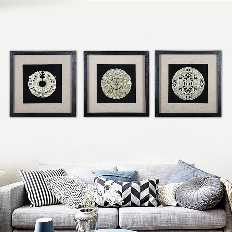 New Chinese Hung Painting Living Room Genguan Sofa Background Wall Decoration Painting Combined Triptych With Frame Upscale Solid Relief Painting
